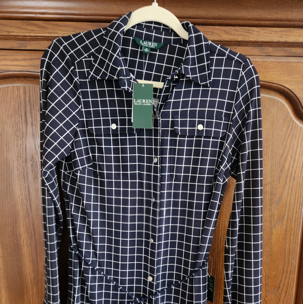 Lauren Ralph Lauren jersey midi shirtdress. Windowpane pattern